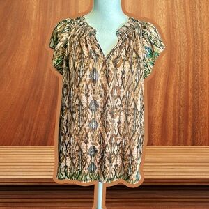Joie Pink & Tan Shimmer Flutter Sleeve Bohemian Ikat Print Blouse Size Medium